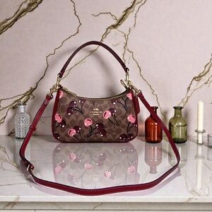 Coach Brown Signature Cherry Print Crossbody Bag with Burgundy Trim